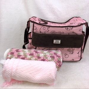 Pink & Brown Okie Dokie Diaper Bag w 2 Blankets